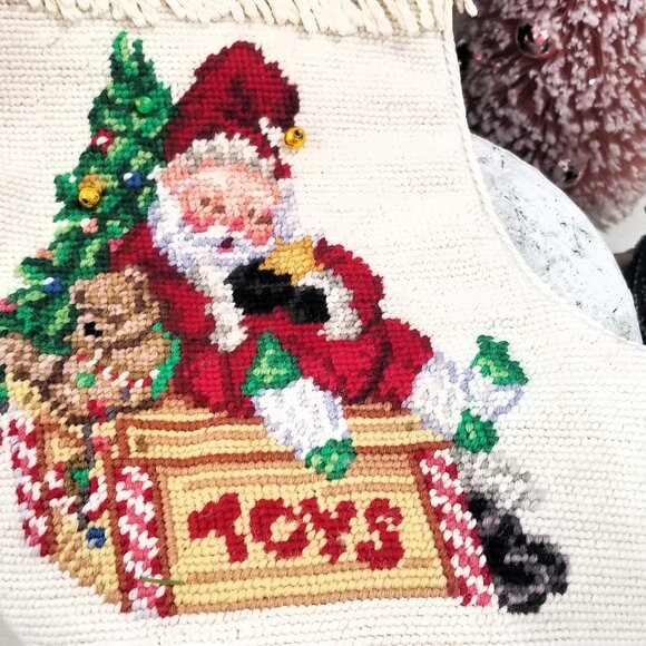 Vintage Needlepoint Santa Sleeping Christmas Stocking Toys Fringe - Red Velvet - Picture 2 of 4